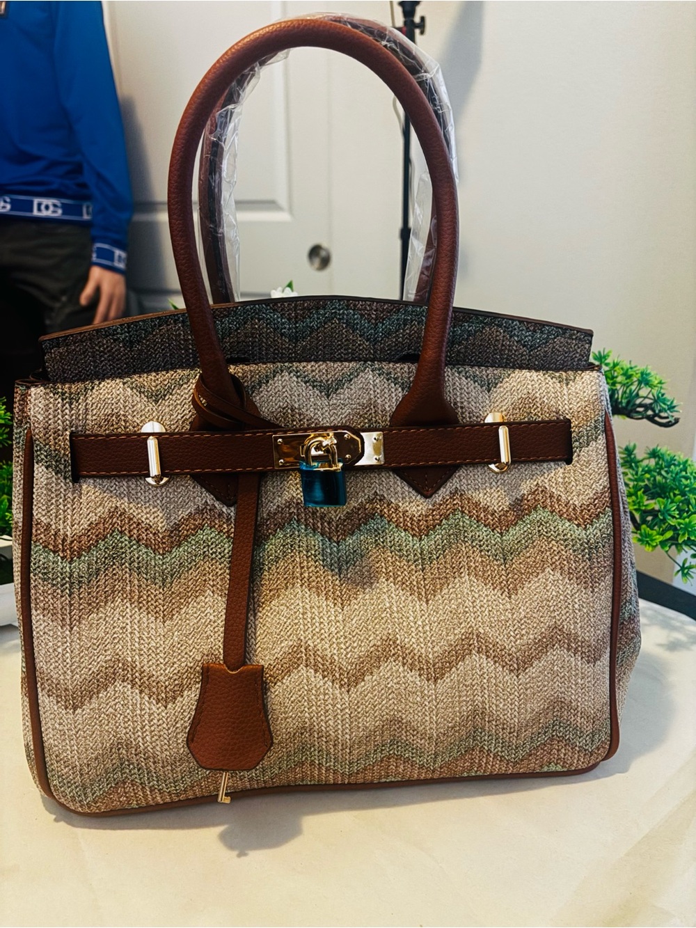 Structured Woven Tote Bag in Brown and Cream